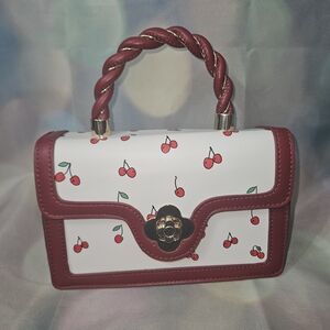 White and Red Cherry-Print Mini Top Handle Bag w/ Cherry Jewelry Free w/ Bag